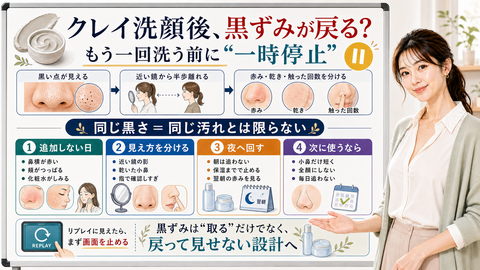 クレイ洗顔後に黒ずみが戻って見える時は一時停止して見え方を分ける図