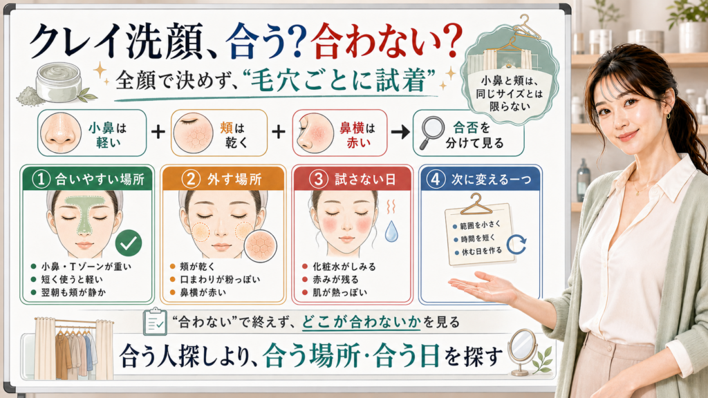 クレイ洗顔が合うか合わないかを小鼻や頬など毛穴状態ごとに分ける図