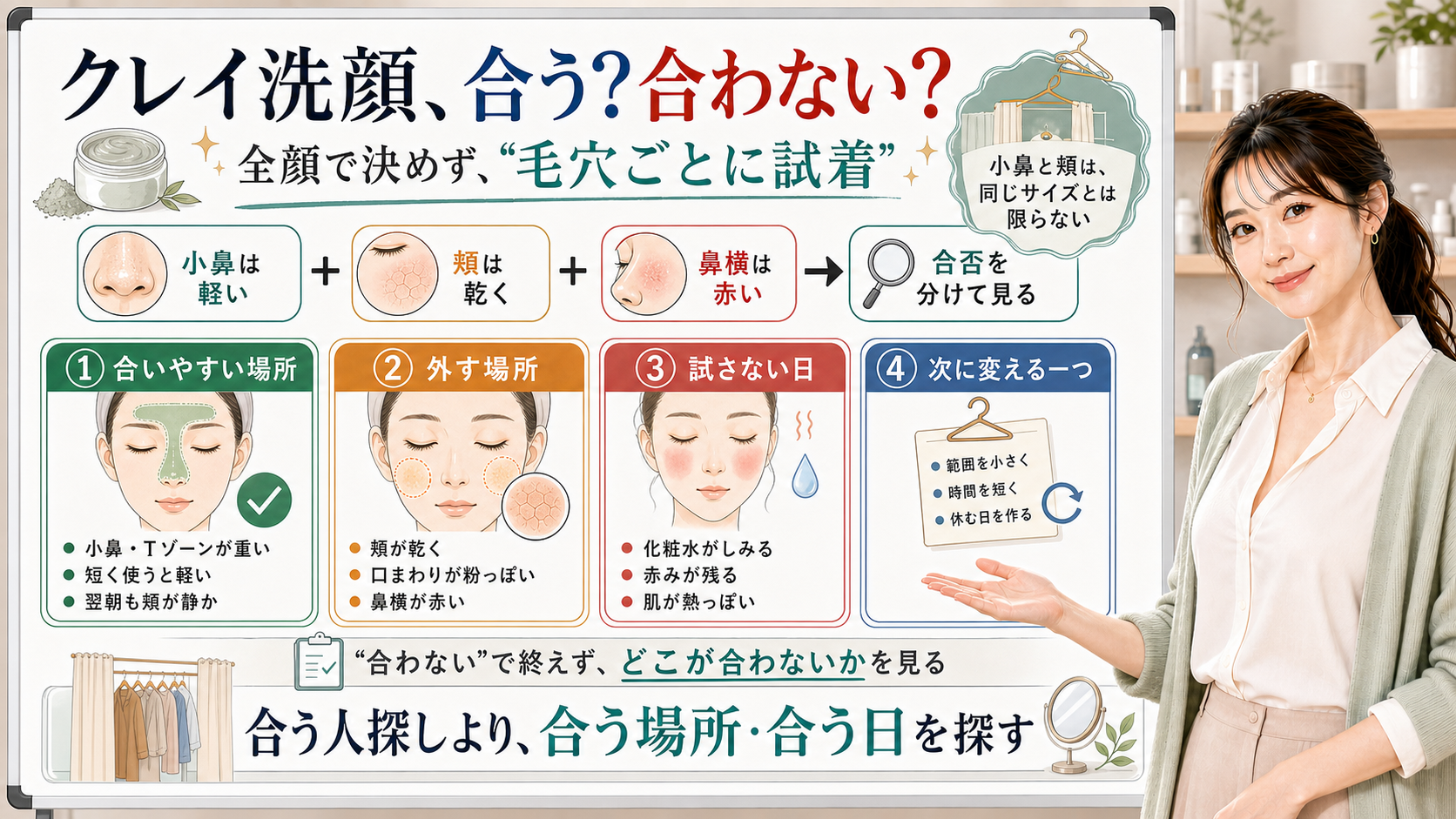 クレイ洗顔が合うか合わないかを小鼻や頬など毛穴状態ごとに分ける図
