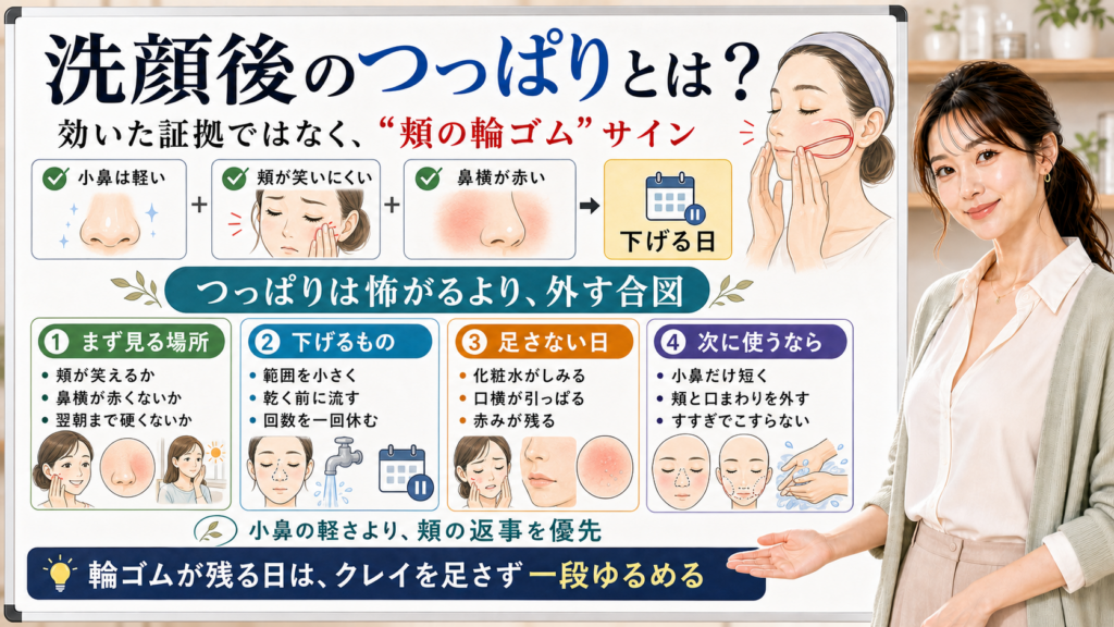 洗顔後のつっぱりを頬の輪ゴムサインとして下げる判断を説明する図