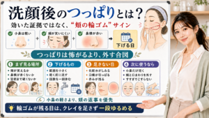 洗顔後のつっぱりを頬の輪ゴムサインとして下げる判断を説明する図
