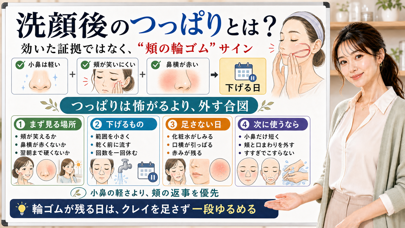 洗顔後のつっぱりを頬の輪ゴムサインとして下げる判断を説明する図