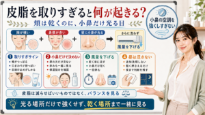 洗顔で皮脂を取りすぎた時は小鼻の光りだけでなく頬の乾きも見る図