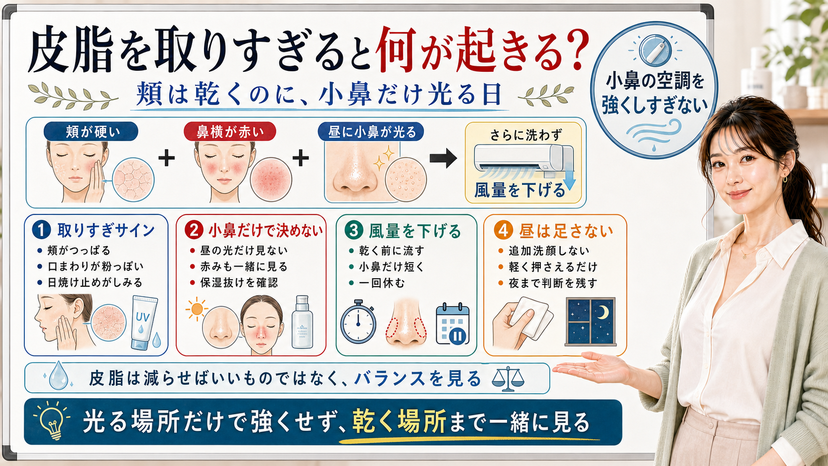 洗顔で皮脂を取りすぎた時は小鼻の光りだけでなく頬の乾きも見る図