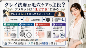 クレイ洗顔は毛穴ケアの主役ではなく入口を照らす脇役だと説明する図