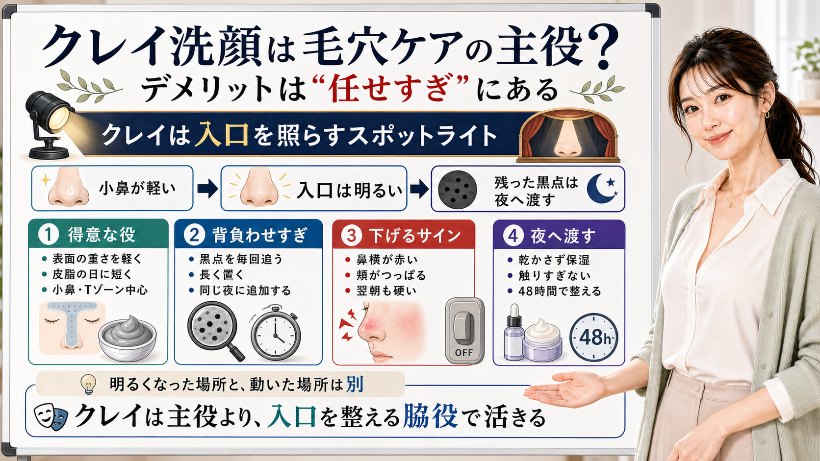 クレイ洗顔は毛穴ケアの主役ではなく入口を照らす脇役だと説明する図