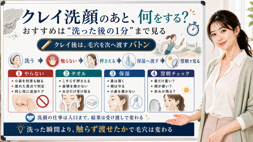 クレイ洗顔後は触らずタオルと保湿へバトンを渡す流れを説明する図