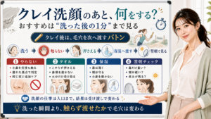 クレイ洗顔後は触らずタオルと保湿へバトンを渡す流れを説明する図