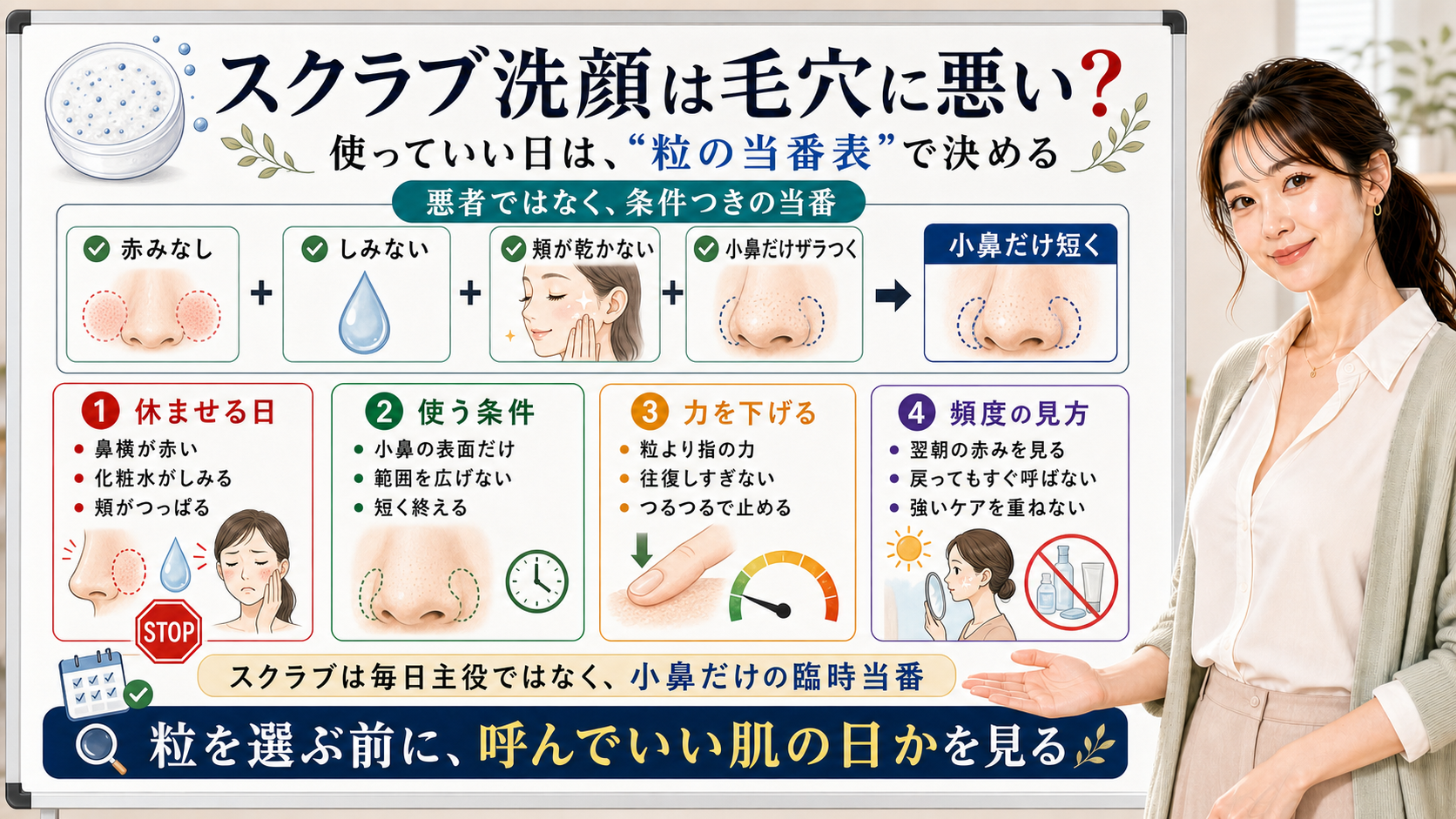 スクラブ洗顔を使っていい条件と休ませる日を粒の当番表で説明する図