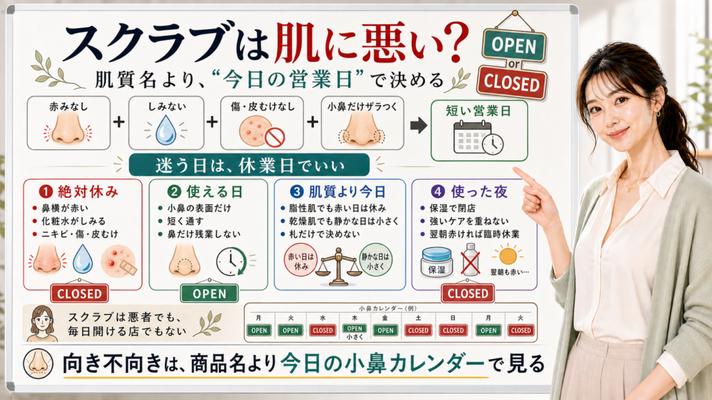 スクラブ洗顔の向き不向きを商品名ではなく今日の小鼻カレンダーで見る図