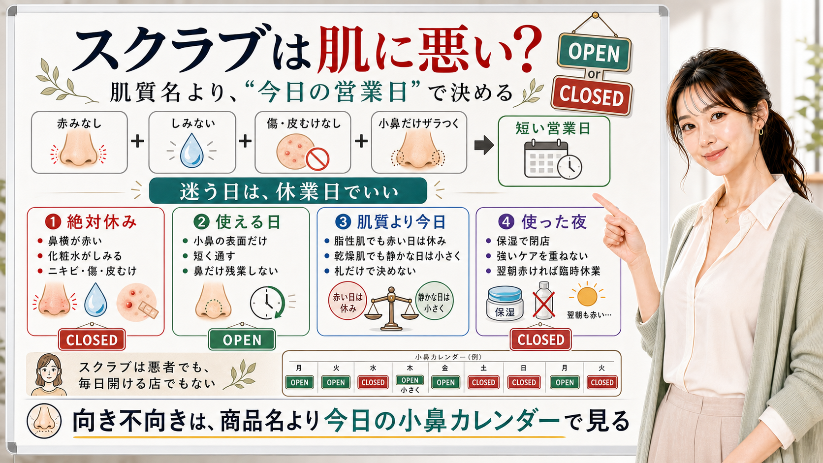 スクラブ洗顔の向き不向きを商品名ではなく今日の小鼻カレンダーで見る図