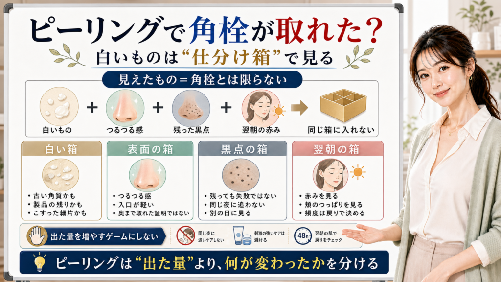 ピーリング後の白いものを角栓と決めず仕分け箱で見る図