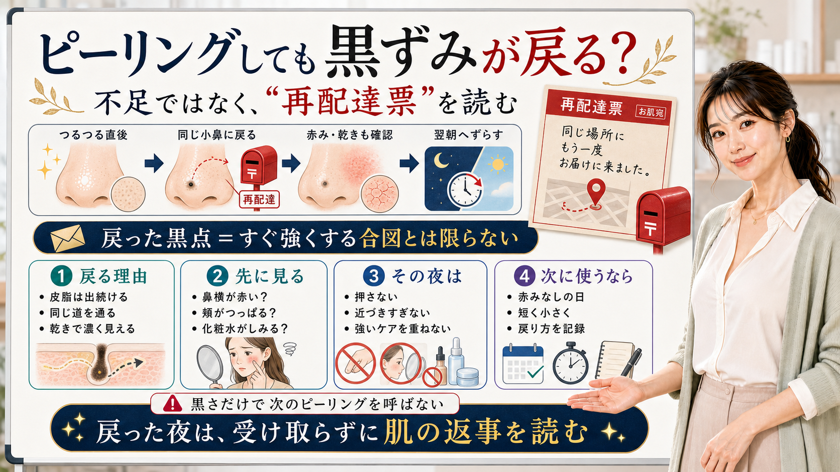ピーリング後に黒ずみが戻る時は不足ではなく再配達票として肌の返事を読む図