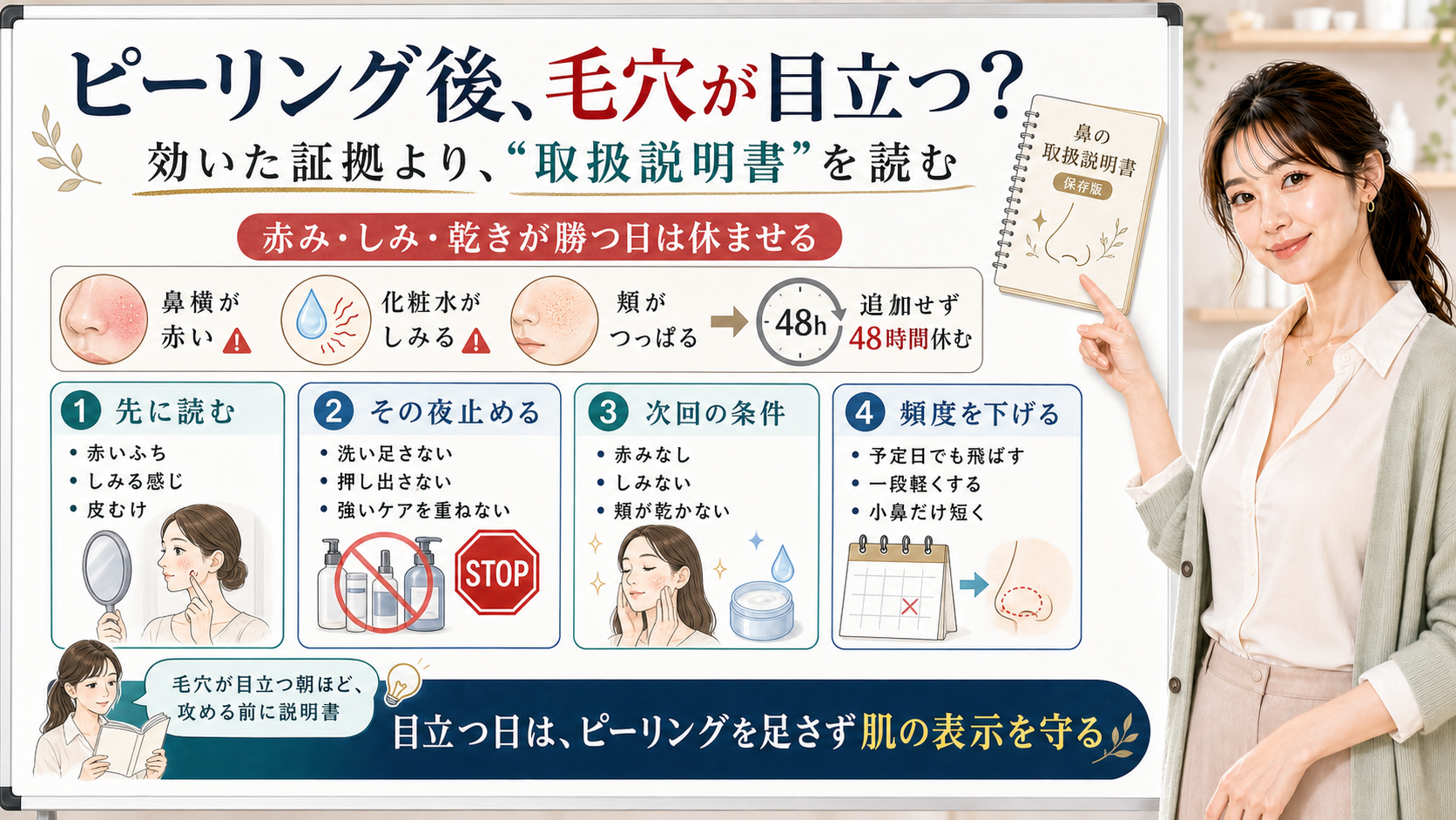 ピーリング後に毛穴が目立つ時は取扱説明書を読んで48時間休ませる図