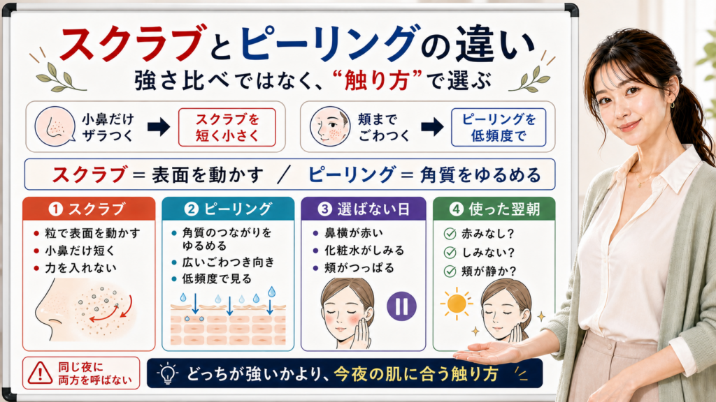 スクラブとピーリングの違いを強さではなく肌への触り方で選ぶ図