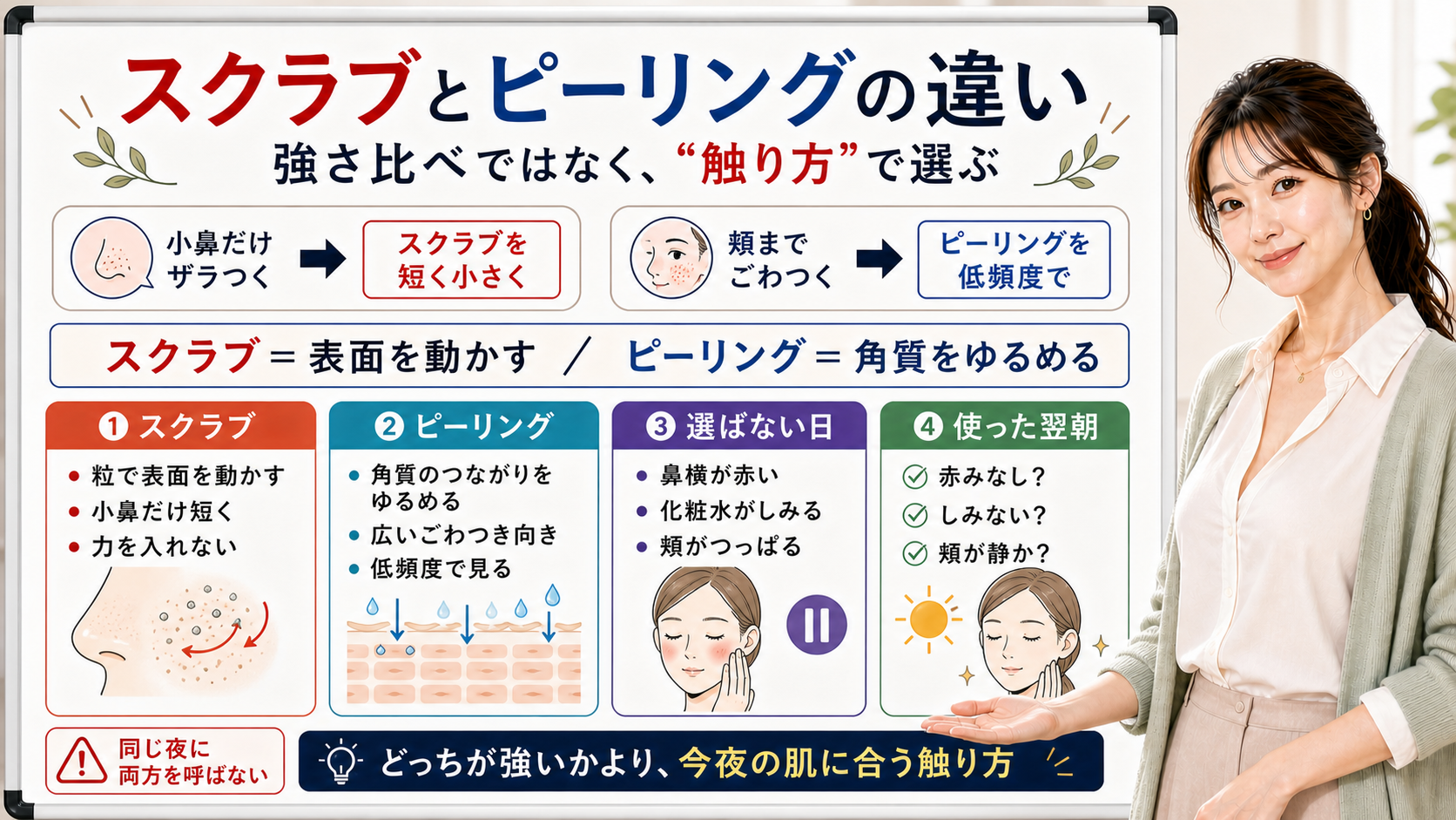 スクラブとピーリングの違いを強さではなく肌への触り方で選ぶ図