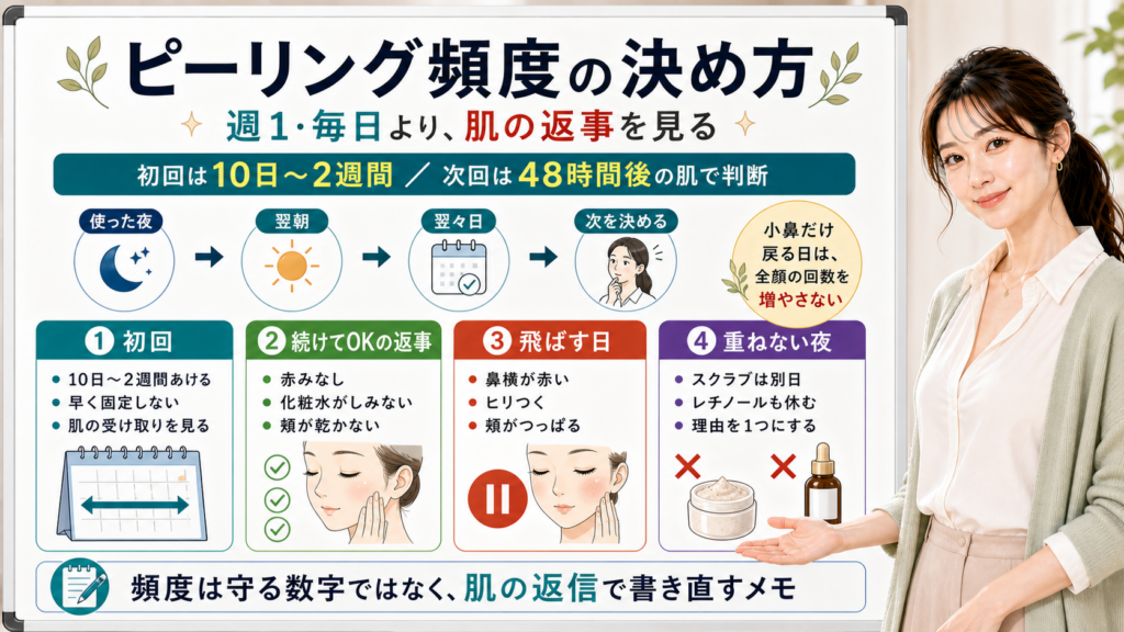 ピーリング頻度を週1や毎日ではなく肌の返事で決める図