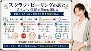 スクラブやピーリング後は美容液を足さず保湿で静かに閉じる流れの図