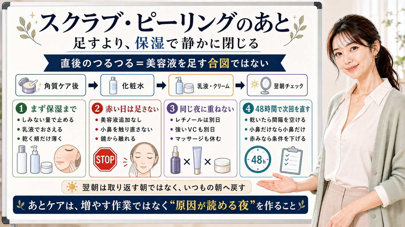 スクラブやピーリング後は美容液を足さず保湿で静かに閉じる流れの図