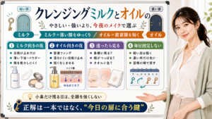 クレンジングミルクとオイルの違いを今夜のメイクの重さで選ぶ図