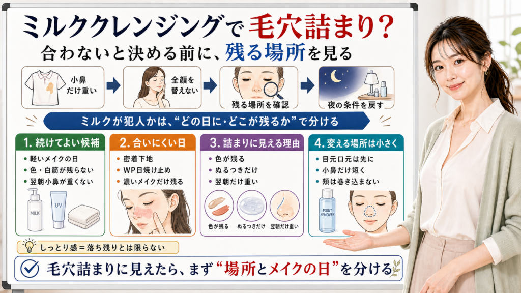 ミルククレンジングで毛穴詰まりに見える原因を残る場所とメイクの日で分ける図
