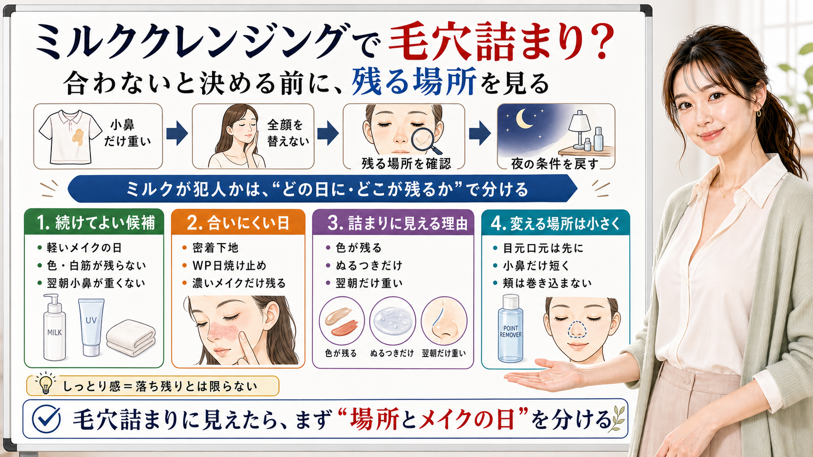 ミルククレンジングで毛穴詰まりに見える原因を残る場所とメイクの日で分ける図