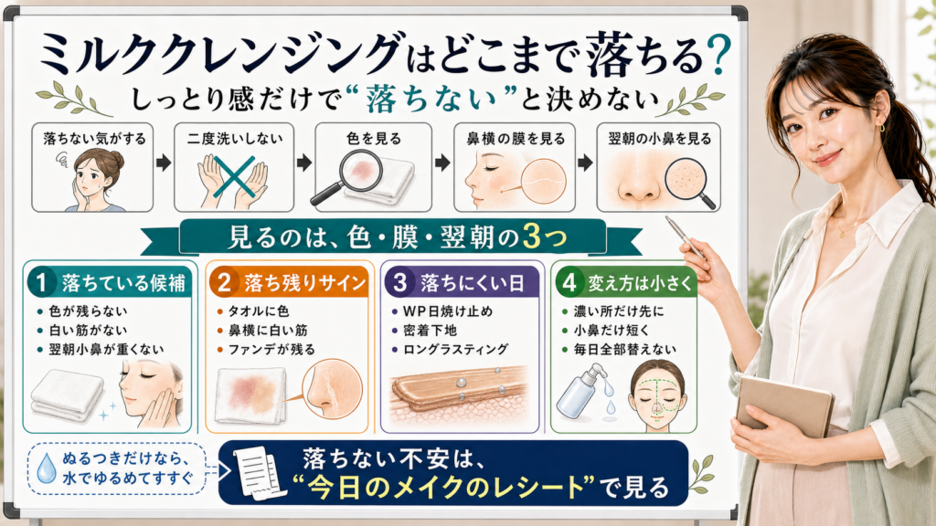 ミルククレンジングでメイクが落ちない不安を色と膜と翌朝で判断する図