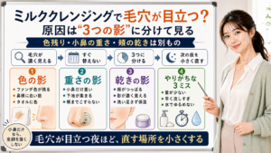 クレンジングミルクで毛穴が目立つ理由を色残りと小鼻の重さと頬の乾きに分ける図