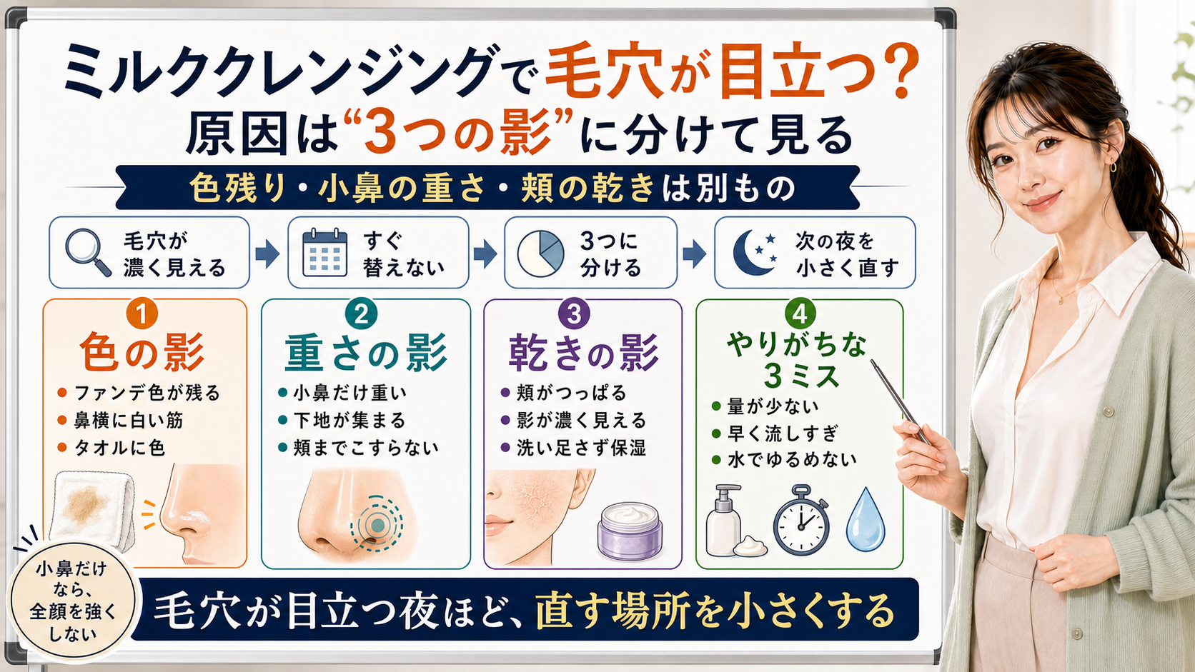 クレンジングミルクで毛穴が目立つ理由を色残りと小鼻の重さと頬の乾きに分ける図