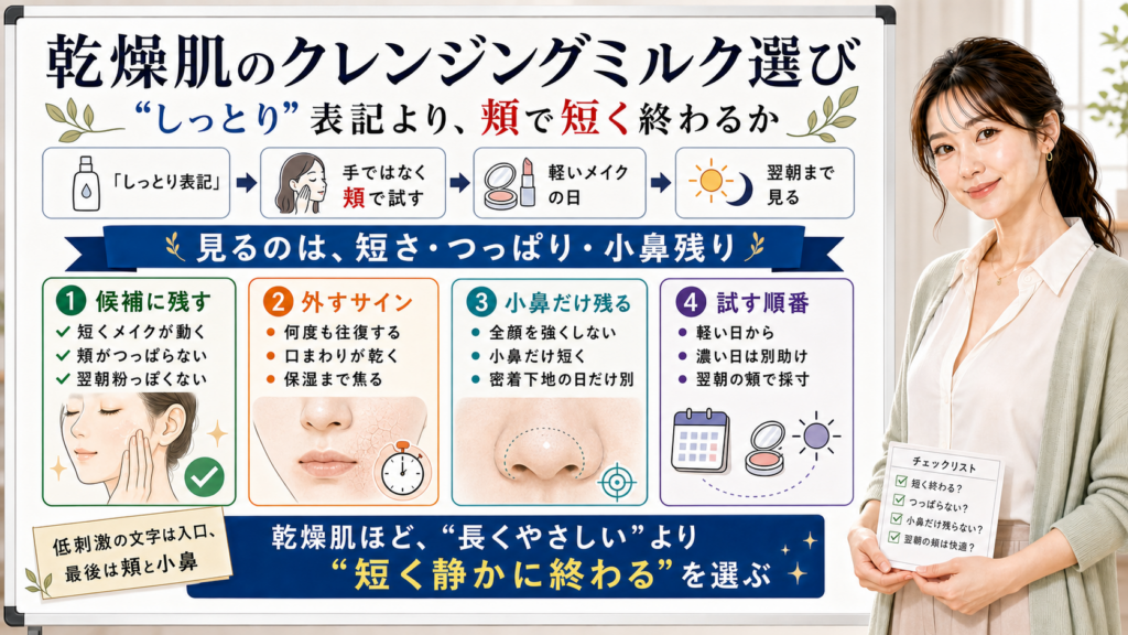 乾燥肌のクレンジングミルク選びを短さとつっぱりと小鼻残りで見る図