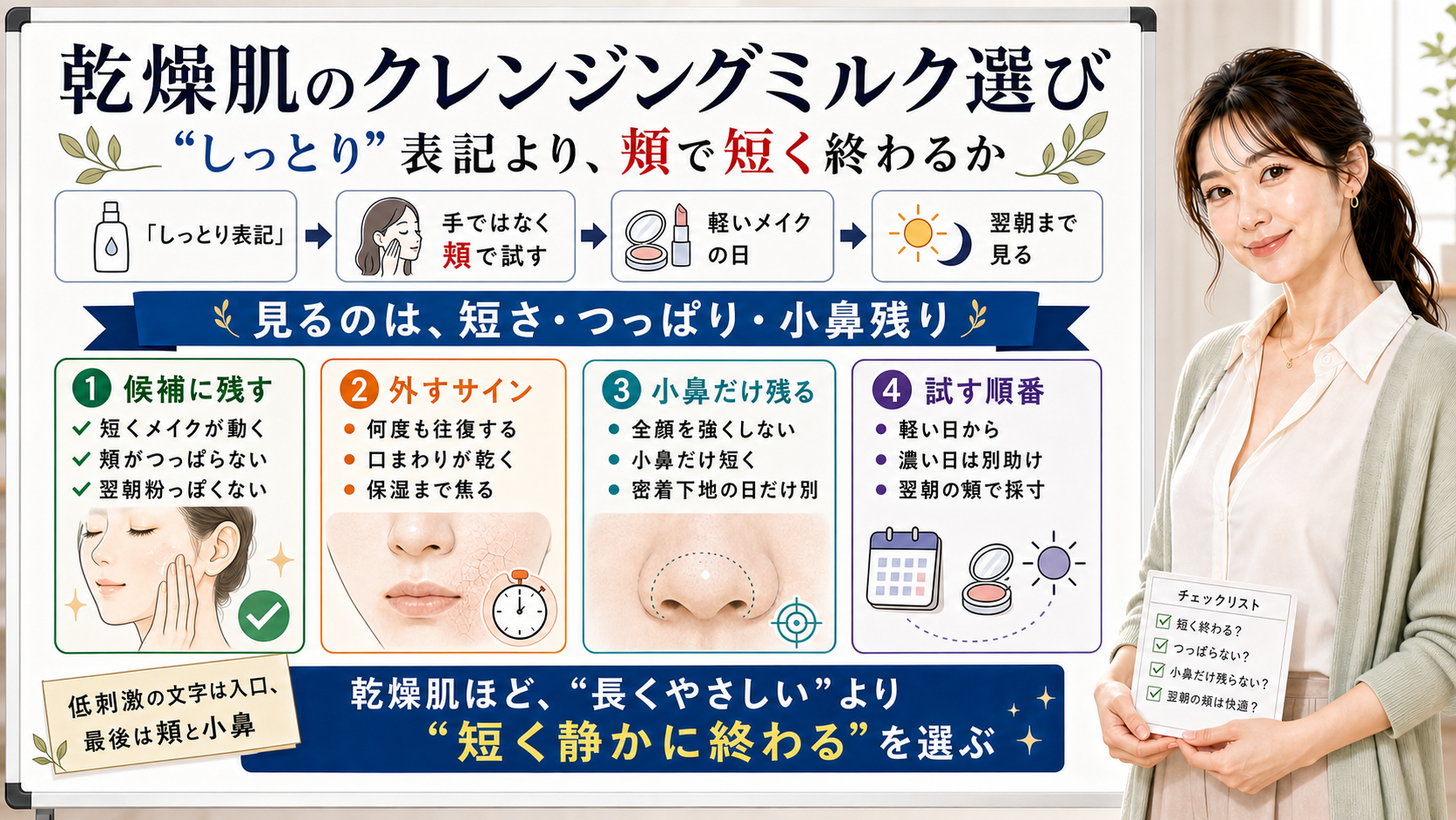 乾燥肌のクレンジングミルク選びを短さとつっぱりと小鼻残りで見る図