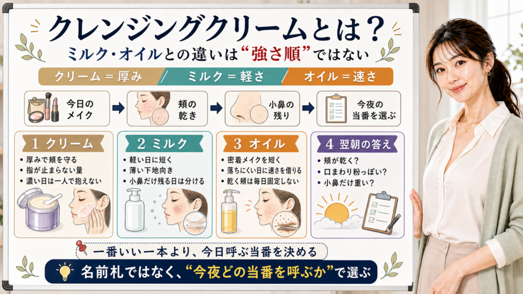 クレンジングクリームとミルクとオイルの違いを厚み軽さ速さで整理する図