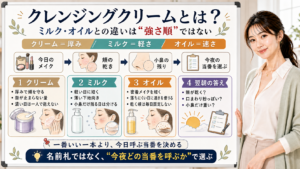 クレンジングクリームとミルクとオイルの違いを厚み軽さ速さで整理する図