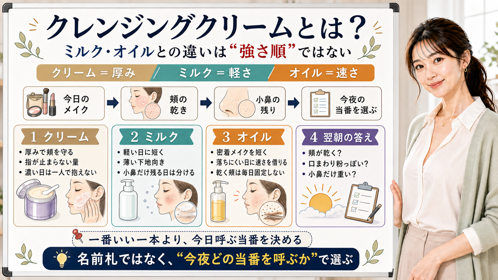 クレンジングクリームとミルクとオイルの違いを厚み軽さ速さで整理する図