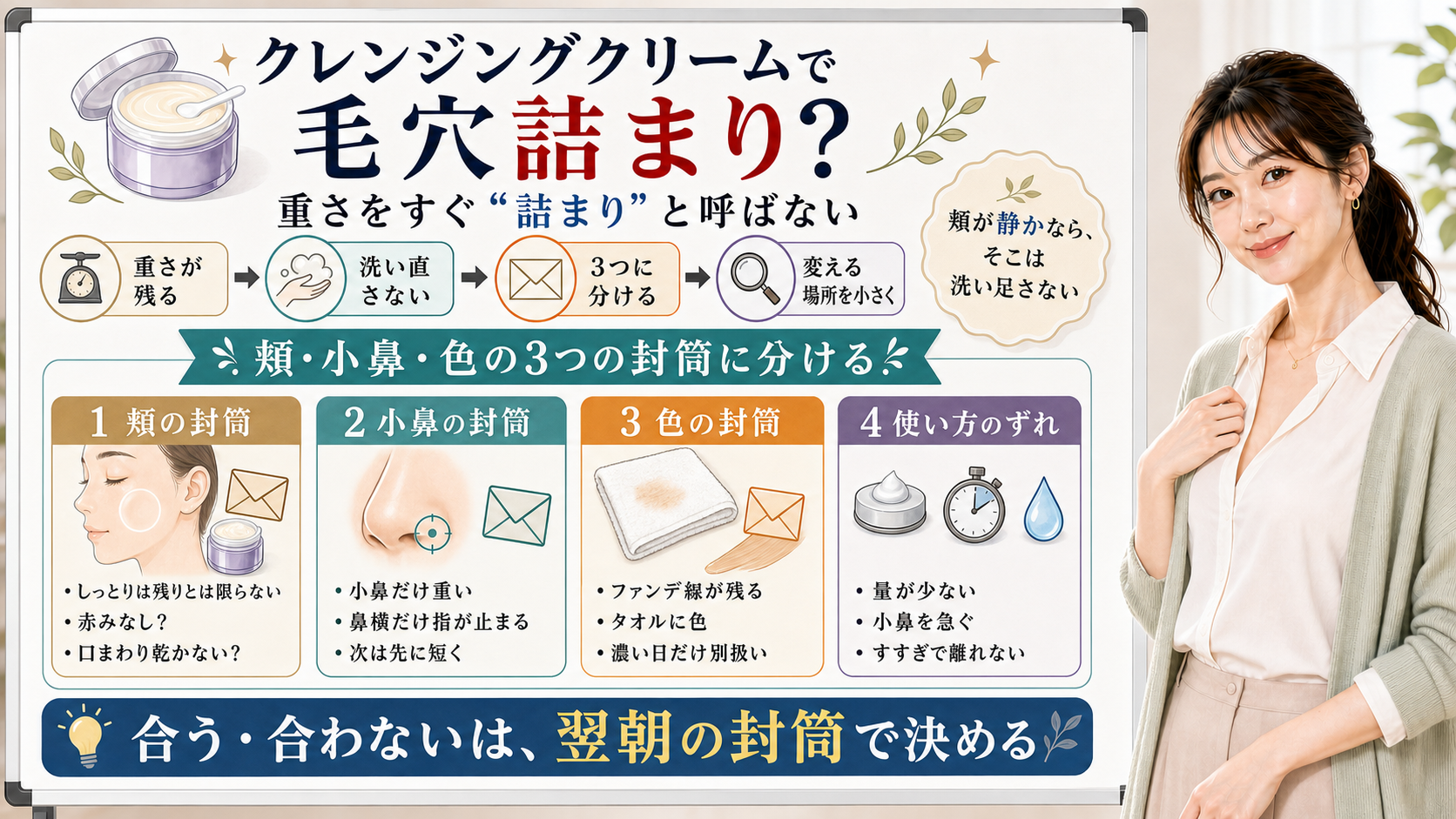 クレンジングクリームの重さを毛穴詰まりと決めず頬と小鼻と色で分ける図