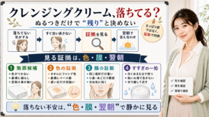 クレンジングクリームのメイク残りをぬるつきではなく色と膜と翌朝で見分ける図