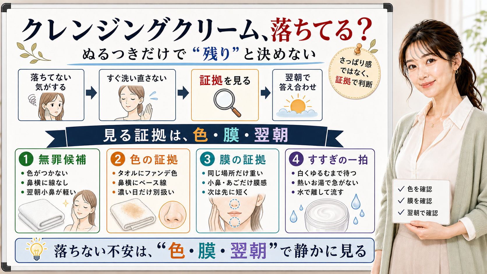 クレンジングクリームのメイク残りをぬるつきではなく色と膜と翌朝で見分ける図