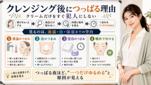 クレンジング後につっぱる理由を湯温と泡と保湿までの空白で分ける図