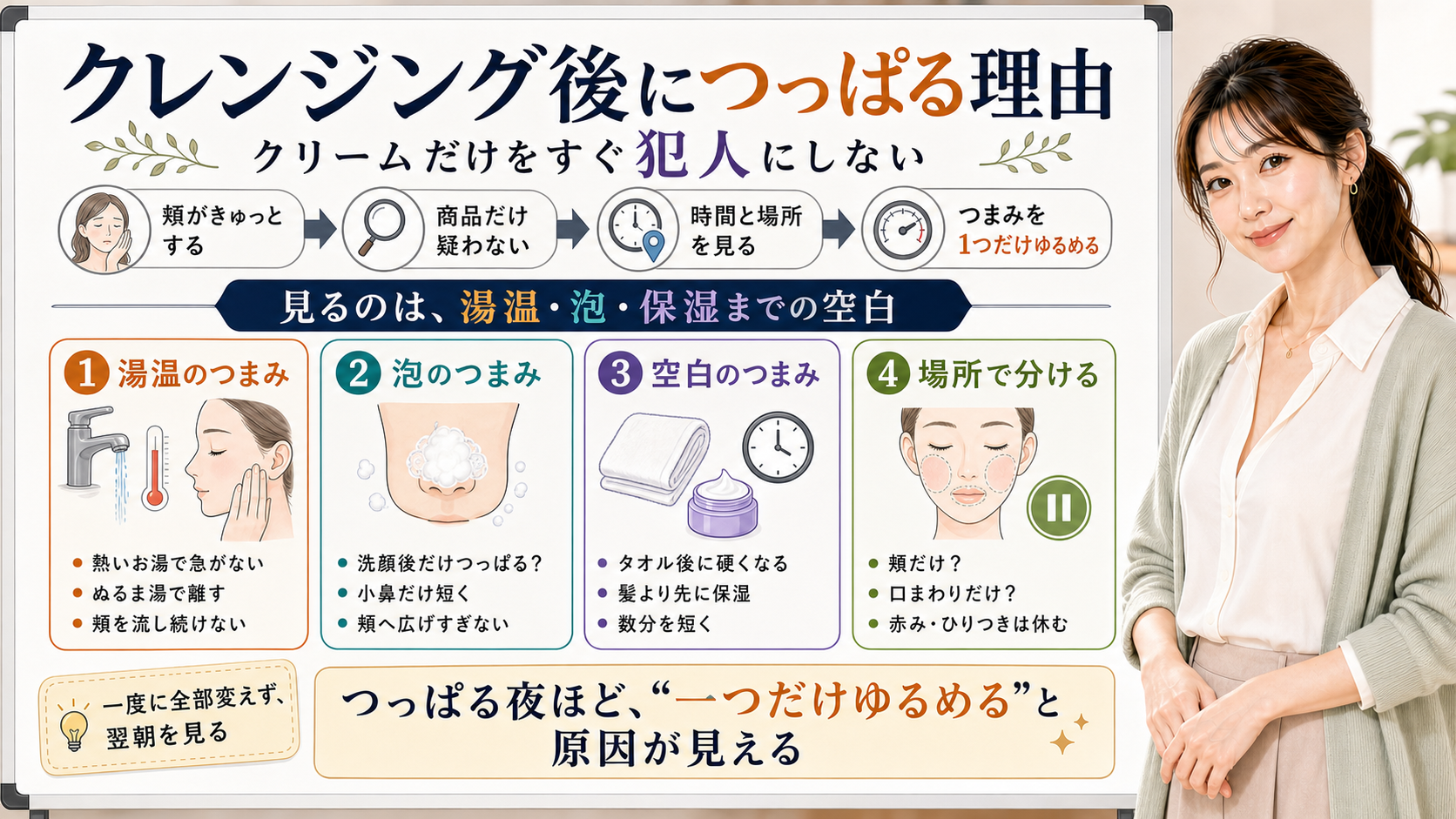 クレンジング後につっぱる理由を湯温と泡と保湿までの空白で分ける図