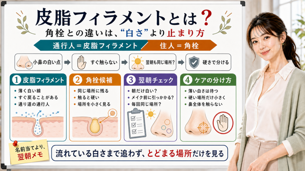 皮脂フィラメントと角栓の違いを白さではなく翌朝も同じ場所に残るかで分ける図