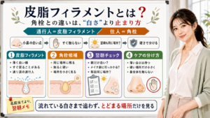 皮脂フィラメントと角栓の違いを白さではなく翌朝も同じ場所に残るかで分ける図