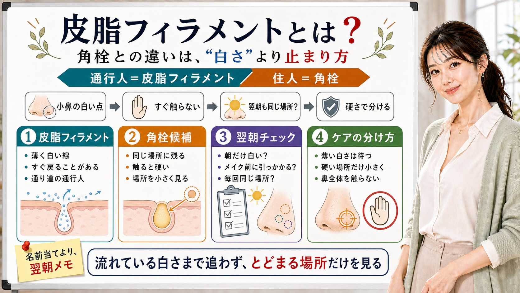 皮脂フィラメントと角栓の違いを白さではなく翌朝も同じ場所に残るかで分ける図