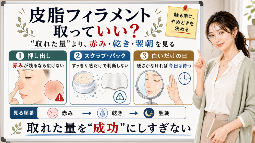 皮脂フィラメントを取っていいかを赤み・乾き・翌朝で判断する図解