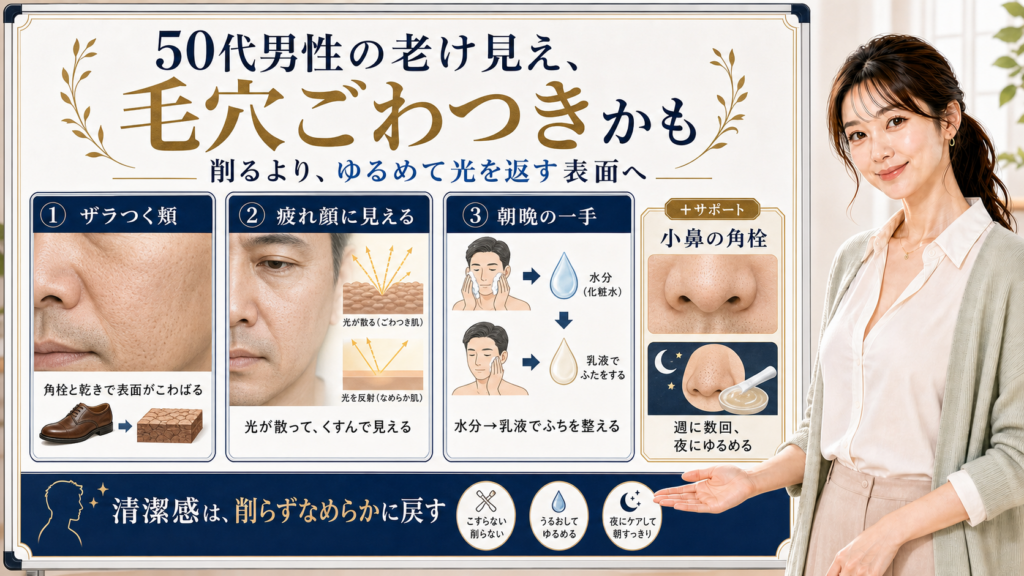 50代男性の老け見えは毛穴のごわつきが光を散らすことも原因で削らずうるおいで整えると整理したアイキャッチ