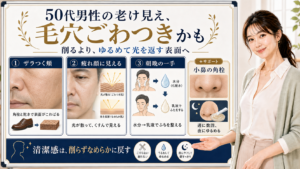 50代男性の老け見えは毛穴のごわつきが光を散らすことも原因で削らずうるおいで整えると整理したアイキャッチ
