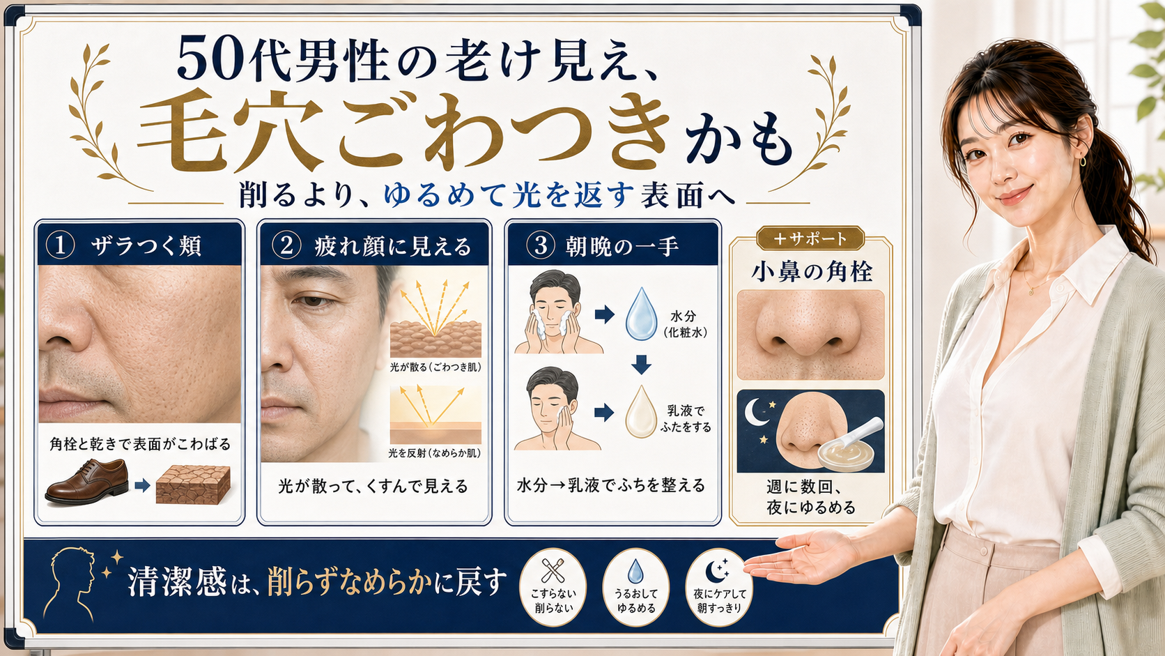 50代男性の老け見えは毛穴のごわつきが光を散らすことも原因で削らずうるおいで整えると整理したアイキャッチ
