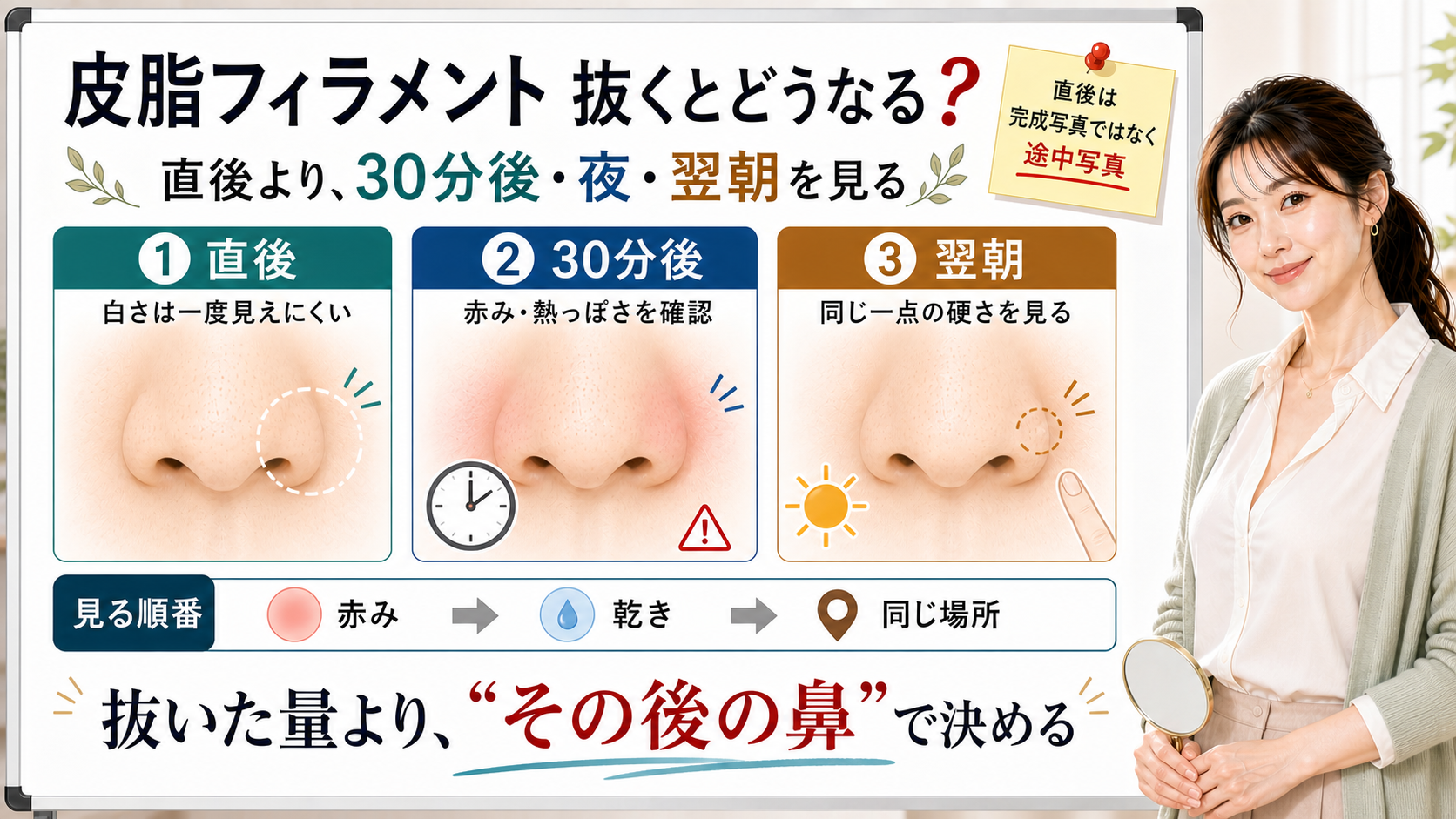 皮脂フィラメントを抜いた後を30分後・夜・翌朝で確認する図解