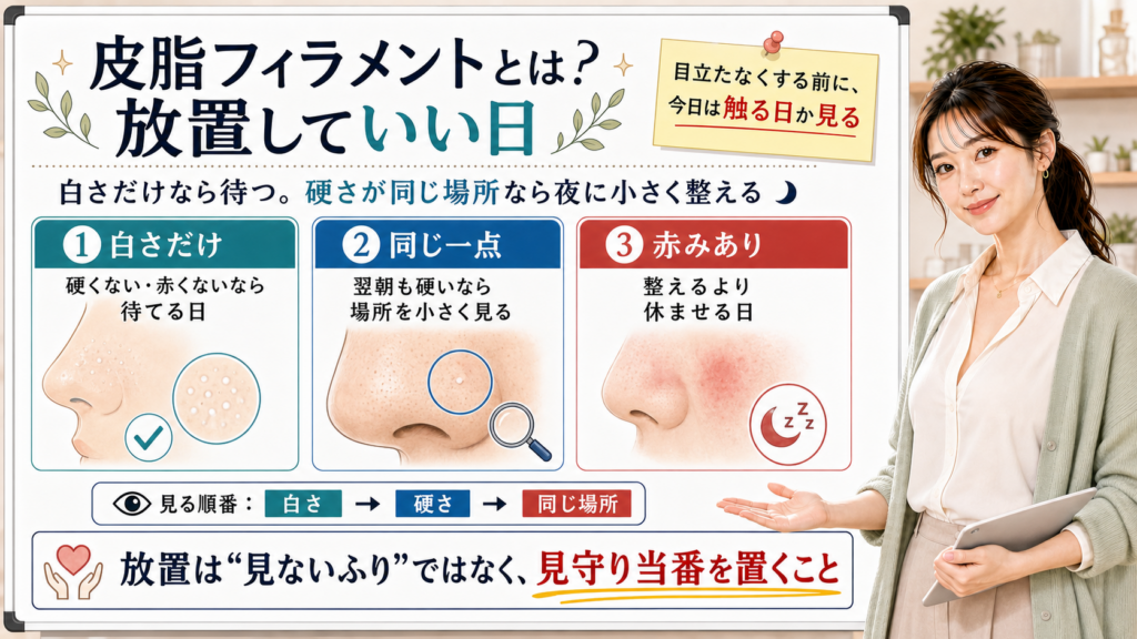 皮脂フィラメントを放置していい日を白さ・硬さ・赤みで見分ける図解
