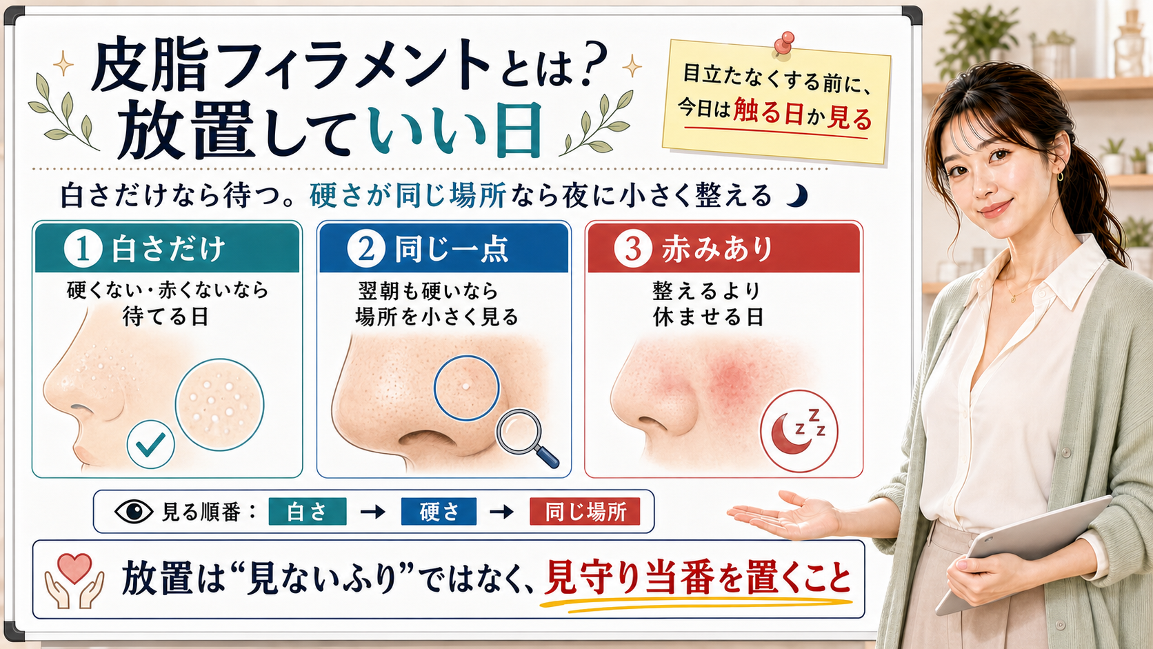 皮脂フィラメントを放置していい日を白さ・硬さ・赤みで見分ける図解