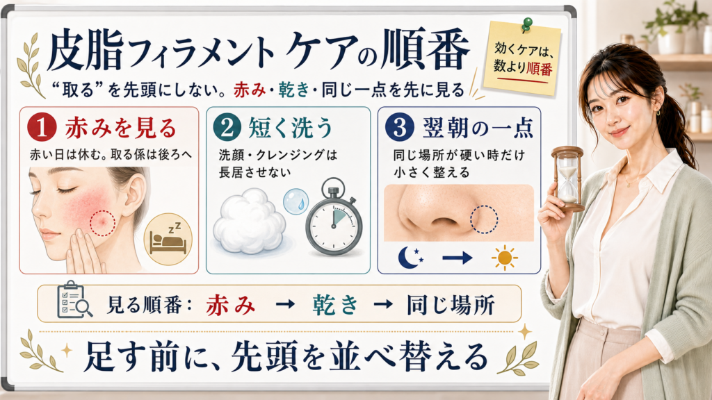 皮脂フィラメントのケア順を赤み・乾き・同じ一点で整理する図解